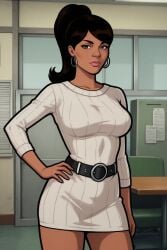 1girl ai ai_art ai_generated archer_(series) belt belt_buckle black_belt black_hair breasts brown_hair buckle chair contrapposto cowboy_shot dark-skinned_female dark_skin dress earrings green_eyes hand_on_own_hip hoop_earrings indoors jewelry lips long_hair looking_at_viewer loose_belt medium_breasts nose office ponytail ribbed_dress ribbed_sweater short_dress solo sweater sweater_dress white_sweater