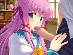 1boy 1girl braid censored fellatio fuuki_iinchou_seira game_asset green_eyes hair_ribbon hetero ishigaki_takashi long_hair mosaic_censoring non-web_source official_art oral penis pink_hair purple_hair ribbon saliva saotome_juria school_uniform self-datamine serafuku solo_focus variant_set visual_novel_cg