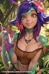1girl ai ai_art ai_generated bare_arms bare_shoulders blue_hair breasts brown_pants brown_shirt brown_shorts cleavage collarbone colored_skin crop_top day flipped_hair flower forest freckles green_skin grin hair_flower hair_ornament hand_up jewelry jungle large_breasts league_of_legends leaning_forward lips lizard_tail looking_at_viewer medium_breasts medium_hair midriff multicolored_hair multicolored_skin nature navel necklace outdoors pink_flower pink_hair pink_lips purple_hair reptile_girl shiny_skin smile solo stomach strap_slip tail tank_top teeth tree two-tone_hair yellow_eyes