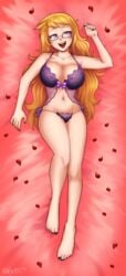 babydoll barefoot blonde_hair breasts cleavage dakimakura female glasses indigo_eyes large_breasts lingerie long_hair lying nail_polish navel nsfwee on_back open_mouth original panties petals purple_eyes purple_nails rileyav rose_petals side-tie_panties smile solo toenail_polish underwear