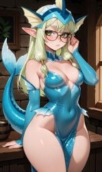 ai ai-created ai_art ai_assisted ai_generated blushing blushing_at_viewer brick_wall cosplay costume daughter elf elf_ears elf_female elf_girl elf_princess fixing_glasses glasses glasses_on_face green_eyes indoors light_green_eyes light_green_hair lime_green_hair looking_at_viewer petite petite_body petite_female petite_tits pokemon pokemon_cosplay pokemon_costume round_glasses slender slender_body slender_build slender_legs slender_waist small_breasts small_hips small_thighs tail vaporeon window young_elf