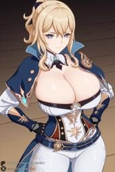 1female 1girl 1girls 2026 ai_generated artist_name bangs belt big_ass big_breasts blonde_hair blue_capelet blue_eyes bow breasts capelet cleavage closed_mouth corset curvy detached_collar gauntlets genshin_impact gloves hair_between_eyes hair_bow hands_on_hips hi_res high_quality high_resolution highres huge_ass huge_breasts jean_(genshin_impact) jean_gunnhildr large_breasts long_hair looking_at_viewer pants patreon patreon_username ponytail sidelocks smile solo strapless thighs tight tight_pants unjobdespiert watermark white_pants