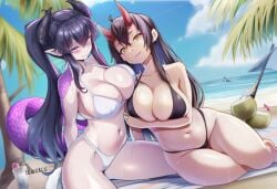 2girls ai_assisted ai_generated beach big_breasts bikini black_bikini black_hair coconut dragon_girl dripping horn horns large_breasts long_hair oni original original_character palm_tree pointy_ears purple_eyes scales scales_on_shoulder tail watermark white_bikini yellow_eyes