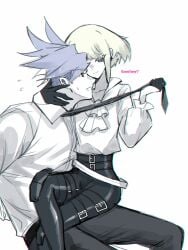 1femboy 2boys androgynous blonde_hair bob_cut crossed_legs dialogue dominant dominated domination dominatrix femboy femboydom feminine_faced_male feminine_male fully_clothed galo_thymos gay heart lio_fotia male monochrome on_lap petite petite_body petite_male power_bottom promare questionable short_hair short_male size_difference slim slim_male slim_waist small_dom_big_sub suggestive_gesture text thin_waist twink yaoi