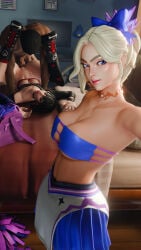 1boy 2girls 3d 3d_(artwork) big_breasts cheerleader cheerleader_uniform cleavage dark-skinned_male fortnite fortnite:_battle_royale goth goth_girl haylee_skye_(fortnite) light-skinned_female looking_at_viewer missionary_position morgan_myst_(fortnite) selfie