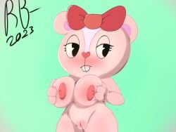 2023 anthro areola areolae big_breasts black_eyes breast_squish breasts buckteeth chipmunk digital_media_(artwork) giggles_(htf) ground_squirrel hairbow happy_tree_friends heart_nose holding_breast holding_breasts mammal nipples nude pac-man_eyes pink_areola pink_body pink_fur pink_nipples pussy red_bow rodent sciurid solo thick_thighs unamused xneavadash