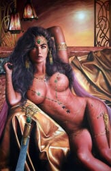 1girls big_breasts black_hair breasts dejah_thoris female green_eyes nipples realistic solo tagme_(artist) traditional_media_(artwork)