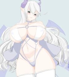 1girls arms_behind_back beautiful big_breasts black_eyes blush boobs bra cleavage closed_mouth collar curvy demon demon_girl demon_horns female female_only fringe harness hi_res hips huge_breasts jacket konami labrynth_of_the_silver_castle lady_labrynth_of_the_silver_castle legwear light_skin lingerie long_hair looking_at_viewer lovely_labrynth_of_the_silver_castle navel pale-skinned_female pale_skin pointy_ears princess simple_background sling_bikini solo standing stockings string_bikini string_panties thighs underwear voluptuous white_hair wide_hips young_version younger_female yu-gi-oh! yu-gi-oh!_duel_links yu-gi-oh!_master_duel