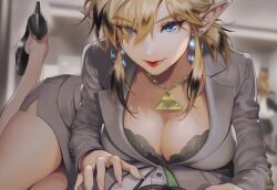 ai ai_art ai_generated almond_eyes androgynous bare_thighs blue_eyes boyfriend bra breasts business_attire business_suit cleavage crossdressing cute earrings femboy feminine_male feminization girly girly_boy glossy_lips golden_hair high_heels hylian hylian_ears link link_(breath_of_the_wild) link_(tears_of_the_kingdom) luxica nintendo novelai office office_clothing pendant pink_nails red_lipstick the_legend_of_zelda trap triforce twink uncensored