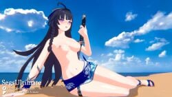 1girls 3d_(artwork) beach blender blushing honkai_impact_3rd laying_on_side looking_at_viewer raiden_mei sandals segsultimate sky sword topless topless_female