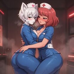 2girls ai_generated animal_hospital big_ass big_breasts furry furry_female head_nurse_(animal_hospital) nurse nurse_(animal_hospital) nurse_clothing nurse_hat nurse_uniform red_hair roblox short_hair white_hair