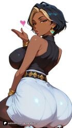 1girl ai_generated artist_name ass bare_shoulders black_hair blizzard_entertainment blonde_hair blowing_kiss bracelet breasts brown_eyes dark-skinned_female dark_skin domina earrings heart high_heels huge_ass jewelry large_breasts lips looking_at_viewer looking_back multicolored_hair overwatch overwatch_2 pantyhose pantylines patreon senpai_pixels sensitive shirt short_hair simple_background sleeveless solo white_background