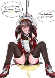 black_stockings hat hu_tao_(genshin_impact) peeing peeing_self sunglasses urine zhongli_(genshin_impact)