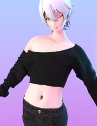 1boy 1male 3d_artwork 3d_model 3d_render belly_button bellybutton blue_background crop_top daz3d daz_studio deep_navel femboy femboy_focus femboy_only feminine_body feminine_male feminization gay hoyoverse male male_focus male_only navel navel_fetish render wink winking_at_viewer wise_(zenless_zone_zero) zazkinkart zenless_zone_zero
