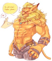 abs anthro barazoku beaugilliam belt biceps big_muscles blush brown_fur claws closed_eyes clothed clothing dialogue digimon disembodied_hand duo english_text feline front_view fur heart hi_res leather_straps leomon lion male male_only mammal mane muscular nipple_pinch nipple_pull nipples no_underwear open_pants pants pecs penis penis_base portrait pubes simple_background solo_focus speech_bubble standing text three-quarter_portrait topless whiskers white_background