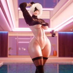 1girls 3d blender blindfold breasts breasts_out bubblebubbleb curvy curvy_female curvy_figure drink grand_theft_auto_vi gta_vi_cover_girl holding_drink holding_object midriff nier nier:_automata pool poolside pose reference_image sexy sexy_pose short_hair solo sunset thick_thighs thighhighs thighs thong torn_clothes underboob underboob_cutout water white_hair yorha_2b