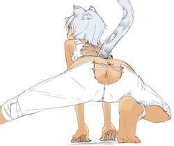 animal_ears anus ass backless_pants barefoot cat_ears cat_tail cross-laced_clothes crotchless_clothes feet female from_behind light_blue_hair looking_away no_panties original satsuyo short_hair simple_background soles solo squatting tail tiptoes vest white_background