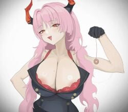 areolae artist_request bare_shoulders black_gloves blue_archive blush bra bra_peek breasts cleavage coin coin_on_string commentary gloves highres horns hypnosis large_breasts long_hair looking_at_viewer mind_control mole mole_on_breast open_mouth pink_hair red_bra satsuki_(blue_archive) shiny_skin simple_background smug tagme_(artist)