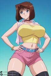 1female 1girl 1girls 2026 ai_generated anzu_mazaki artist_name bangs belt big_ass big_breasts black_thighhighs blue_background blue_eyes bracelet breasts brown_hair choker cowboy_shot crop_top curvy gradient gradient_background hands_on_hips hi_res high_quality high_resolution highres huge_ass huge_breasts jewelry large_breasts looking_at_viewer midriff navel patreon patreon_username pink_shorts shirt short_hair short_shorts shorts sleeveless smile solo tea_gardner thighhighs unjobdespiert watermark yu-gi-oh yu-gi-oh! yu-gi-oh!_duel_monsters yugioh