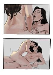 2girls ambiguous_penetration artist_name big_ass black_hair blue_eye_samurai blue_eyes breast_squeeze choking choking_during_sex color colored cowgirl_position crack_pairing crack_ship crossover eyashhi eye_contact female female_only girl_on_top grabbing_sheets green_eyes hand_around_neck impact_lines kuvira lesbian lesbian_sex light-skinned_female light_skin long_hair looking_at_partner medium_breasts mizu_(blue_eye_samurai) mole mole_under_eye motion_lines on_back on_bed riding riding_dildo riding_strap-on sex_toy strap-on strapon the_legend_of_korra thick_thighs underboob yuri