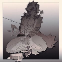 1boy anal anal_beads anal_object_insertion arknights bar_censor bdsm body_fur bowl censored chinese_commentary commentary_request completely_nude cum cum_in_container cum_in_mouth cum_on_body dog_boy ejaculation erection facial full_body furry furry_male gradient_background heavy_breathing highres horns hung_(arknights) long_hair male_focus masturbation nipple_piercing nipple_pull nipple_stimulation nipples nude object_insertion on_one_knee penis penis_piercing pet_bowl piercing piercing_pull prince_albert sex_toy single_horn solo tail toned toned_male trembling yume_mitaatode