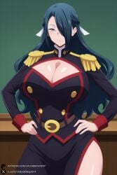 1female 1girl 1girls 2026 ai_generated artist_name azuma_fubuki belt big_ass big_breasts braid breasts chained_soldier chalkboard cleavage cleavage_cutout closed_mouth clothing_cutout curvy epaulettes green_eyes hair_over_one_eye hands_on_hips hi_res high_quality high_resolution highres huge_ass huge_breasts large_breasts long_hair long_sleeves looking_at_viewer mato_seihei_no_slave military military_uniform patreon patreon_username smile solo uniform unjobdespiert watermark yellow_eyes
