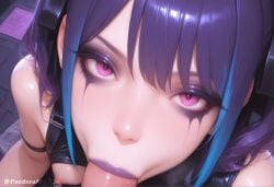 1boy 1girl :>= absurd_res ai_generated artist_name artist_upload bare_shoulders blue_hair breasts close-up eyelashes eyeliner eyeshadow fellatio from_above hetero hi_res lips lipstick looking_at_viewer looking_up makeup mascara more_at_source multicolored_hair nipple_piercing nipples oral pandora patreon patreon_username penis piercing pink_eyes pink_lips pov purple_hair purple_lips runny_makeup self_upload solo_focus streaked_hair two-tone_hair uncensored watermark
