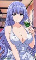 1girl blue_dress cleavage date_a_live dress dulcenekoemilia green_drink grey_eyes halter_dress halterneck holding_glass indoors izayoi_miku kyouno_natsumi large_breasts long_hair looking_at_viewer purple_hair sleeveless_dress smile solo wine_glass