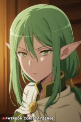 1girl ai ai_art ai_generated anime_coloring breasts cape cleavage dungeon_ni_deai_wo_motomeru_no_wa_machigatteiru_darou_ka elf green_eyes green_hair hair_between_eyes indoors long_hair looking_at_viewer low_ponytail parted_lips pointy_ears ponytail portrait sidelocks solo white_cape
