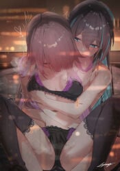 2girls about_to_burst about_to_cum absurdres almost_naked aqua_eyes aqua_streaks ass back_hair bare_shoulders behind_another belly belly_button beret big_ass black_bikini black_bra black_panties black_pantyhose black_thighhighs blue_eyes blue_hair blurry blurry_background blush blushing bra breasts breasts_apart brown_hair cameltoe cleavage closed_eyes collar collarbone commentary_request female female_focus female_only fingering fingering_partner fingering_pussy genius grabbing_another's_breast groping hand_in_another's_bra hand_in_another's_panties happy hat having_fun head_down herta_(honkai:_star_rail) highres holding_partner honkai:_star_rail honkai_(series) huge_ass imminent_orgasm indoors lace lace-trimmed_thighhighs lace_trim lesbian_sex long_hair looking_at_partner looking_down medium_breasts miya-chan_(lightning0730) mommy multicolored_hair multiple_girls navel panties pantyhose peerless_gem purple_hair pussy pussy_juice ruan_mei_(honkai:_star_rail) see-through_clothes see-through_panties signature small_breasts spread_legs spread_pussy spreading stomach streaked_hair the_herta_(honkai:_star_rail) thick_thighs thighhighs thighs trembling trembling_for_pleasure two-tone_hair underwear wet yuri