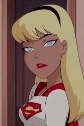 1girl ai ai_art ai_generated black_hairband blonde_hair blue_eyes breasts cape dark-skinned_female dark_skin dc_comics from_side hairband indoors lipstick long_hair looking_at_viewer makeup medium_breasts parted_lips red_cape red_lips small_breasts solo supergirl teeth upper_body