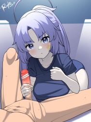 1boy 1girls blue_archive blue_eyes blue_hair blush female handjob looking_at_viewer male millennium_science_school_student penis ryle yuuka_(blue_archive) yuuka_(gym_uniform)_(blue_archive)