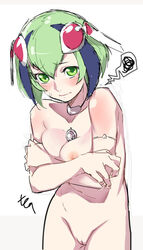 android bare_shoulders blush bob_cut body_blush breasts cleavage color covering dimension_w embarrassed female female_only green_eyes green_hair looking_at_viewer nana_g navel nude robot_ears short_hair simple_background sketch solo sweatdrop upper_body white_background yurizaki_mira