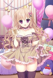 1girl balloon bed bedroom blush bra breasts brown_hair clothed collar corset detached_collar detached_sleeves dress frilled_collar frilled_dress frilled_skirt frilled_sleeves frills hair_ornament highres large_breasts original shiwasu_horio stuffed_animal teddy_bear thighhighs wavy_hair