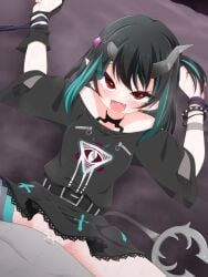 1boy 1girl :d belt black_belt black_dress black_hair blue_hair blush breasts broken_horn commentary_request cum cum_in_pussy demon_girl demon_horns demon_tail dress eye_hair_ornament eye_of_providence fang hachi_(chihagura) hetero highres horns looking_at_viewer medium_hair multicolored_hair nanashi_inc. no_panties open_mouth paid_reward_available pointy_ears red_eyes sex shishio_chris shishio_chris_(3rd_costume) short_sleeves small_breasts smile solo_focus spiked_wristband tail two-tone_hair virtual_youtuber wristband zipper