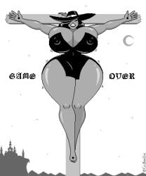 big_breasts big_lips big_thighs black_and_white cartoon_character castle cici-bee-inc crucifixion fake_screenshot game_boy game_over hat hourglass_figure huge_breasts indie_game little_black_dress thicc vampire wide_hips