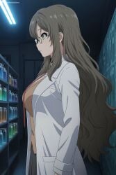 1girl ai_generated breasts brown_hair brown_vest closed_mouth digitalwaifugallery from_side futaba_rio glasses green_eyes grey_skirt hi_res high_quality high_resolution indoors lab_coat large_breasts long_hair long_sleeves patreon pleated_skirt profile school_uniform seductive seishun_buta_yarou_wa_bunny_girl_senpai_no_yume_wo_minai sexy shirt skirt solo test_tube uncensored watermark