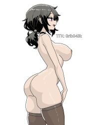 1girl ashley_graves ass black_choker black_hair black_thighhighs breasts choker from_side gribo4ek large_breasts nipples nude open_mouth ponytail purple_eyes simple_background skindentation smile solo teeth the_coffin_of_andy_and_leyley thighhighs white_background