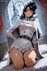 1girl ai_generated bambietta_basterbine bangs belt black_hair bleach blush breasts brown_eyes buttons cape gloves hand_on_hip hat hi_res high_collar high_quality high_resolution indoors large_breasts long_hair long_sleeves looking_at_viewer military miniskirt patreon pleated_skirt savvyraexo seductive sexy skirt solo thighs uncensored uniform watermark window