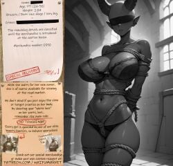 ai_generated anime bald bdsm black_and_white bondage bounty_hunters bra covered_eyes demon edited fantasy female fictional horns huge_boobs huge_breasts huge_tits market naked nude panties photoshop roleplay ropes slave slavegirl slavery special waifu