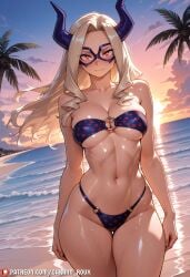 1girl ai_generated arms_at_sides bare_shoulders beach bikini blonde_hair blue_bikini blush breasts carminroux cleavage closed_mouth cloud collarbone cowboy_shot domino_mask drill_hair highleg highleg_bikini horns large_breasts long_hair looking_at_viewer mask mount_lady my_hero_academia narrow_waist navel o-ring o-ring_bikini ocean outdoors palm_tree parted_bangs patreon_logo patreon_username polka_dot polka_dot_bikini purple_horns red_eyes skindentation sky solo standing stomach sunset swimsuit thick_thighs thigh_gap thighs toned tree underboob water wet wide_hips