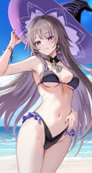 1girl absurdres armpits arms_up ascot bare_shoulders beach belly belly_button bikini black_bikini black_hat black_swimsuit blue_sky blush bra bracelet breasts brown_hair cleavage confident detached_collar female female_focus female_only genius grey_hair hair_ornament harimoji hat herta_(honkai:_star_rail) highleg highleg_bikini highres honkai:_star_rail honkai_(series) inner_sideboob jewelry key long_hair looking_at_viewer medium_breasts mommy navel outdoors panties perfect_body purple_eyes purple_hair ribbon ribbon_in_hair shore sideboob sky small_breasts smile smiling solo swimsuit the_herta_(honkai:_star_rail) thick_thighs thighs two-tone_hair underboob witch witch_hat