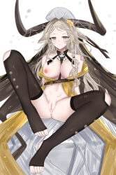 1girl absurdres animal_ears arknights between_breasts black_horns black_thighhighs blonde_hair blur_censor braid breasts breasts_out censored chinese_commentary clothes_between_breasts commentary_request cow_ears cow_horns expressionless full_body highres horns kassandra_(arknights) knee_cutout large_breasts leaning_back long_hair looking_at_viewer m_legs nipples pussy side_braid solo spread_legs thighhighs toes yellow_eyes yiyu_ziyi