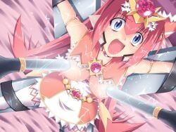 1girl 2000s_(style) amamiya_haruka_(primaveil_zwei) bdsm blue_eyes bondage bound breasts breasts_out crucifixion electricity electrocution forced_orgasm game_asset gold_trim hanataka_retomo jewelry long_hair magical_girl medium_breasts nipples no_bra non-web_source official_art open_mouth orgasm pink_hair pointy_ears prima_veil_flare red_hair restrained scared screaming self-datamine solo stationary_restraints suisei_tenshi_primaveil_zwei tears thighhighs torn_clothes variant_set visual_novel_cg wide-eyed wings