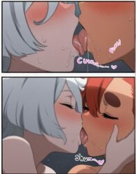 2girls 2koma _yumidreams ai_generated blush closed_eyes comic dark-skinned_female dark_skin english_text french_kiss gundam gundam_suisei_no_majo kiss lesbian_kiss licking_tongue long_hair miorine_rembran multiple_girls open_mouth red_hair saliva saliva_trail short_hair suletta_mercury sweat thick_eyebrows tongue tongue_out twitter_username white_hair yuri