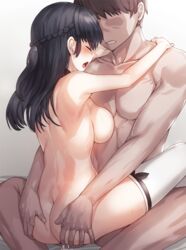 1boy ass ass_grab bed_sheet black_hair blush braid brown_hair clenched_teeth collarbone faceless faceless_male female kfr long_hair nude open_mouth sex short_hair shoulder_blades spread_legs sweat teeth thighhighs tied_hair white_legwear