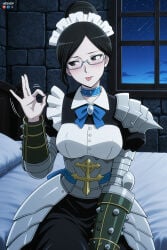 1boy absurdres adult ai_assisted ai_generated big_breasts blowjob_gesture breasts fellatio_gesture female hand_up heeven highres male mature overlord_(maruyama) patreon patreon_username perfect_body sitting_on_bed uncensored yuri_alpha