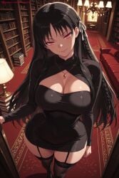 1girl ai_generated bangs black_dress black_hair black_legwear book bookshelf braid breasts classroom_of_the_elite cleavage dress garter_straps hi_res high_quality high_resolution horikita_suzune indoors jewelry kiraamane large_breasts long_hair long_sleeves looking_at_viewer necklace nun patreon red_eyes seductive sexy smile solo thighhighs uncensored watermark