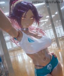 1girl 1girls ai_generated arm_up armpits artist_name backlighting bare_shoulders black_panties bleach bleach:_the_thousand-year_blood_war blue_shorts blurry_background blush breasts ceiling_light choker cleavage collar collarbone covered_nipples cowboy_shot crop_top dark-skinned_female dark_skin dolphin_shorts dutch_angle exercise fahreit fingernails green_shorts grin gym gym_shorts hand_on_own_hip highleg highleg_panties indoors large_breasts legs_together long_fingernails long_hair looking_at_viewer micro_shorts midriff nail_polish navel outstretched_arm panties panty_straps parted_bangs parted_lips patreon patreon_username ponytail purple_hair reflection see-through selfie shihouin_yoruichi shiny_skin shirt short_shorts shorts skindentation smile solo sports_bra sportswear stable_diffusion stained_clothes standing steaming_body stomach sweat sweaty_clothes tank_top taut_clothes taut_shirt thighs thong toned underwear very_sweaty wet wet_clothes white_shirt white_sports_bra white_tank_top yellow_eyes yoruichi_shihouin