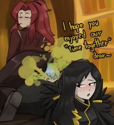 3girls alternate_version_available angela_(lobotomy_corporation) binah binah_(lobotomy_corporation) dialogue face_sitting fart fart_cloud fart_fetish fart_torture farting farting_in_face farting_on_face female female_only gebura_(lobotomy_corporation) library_of_ruina project_moon text veruveru21 yuri